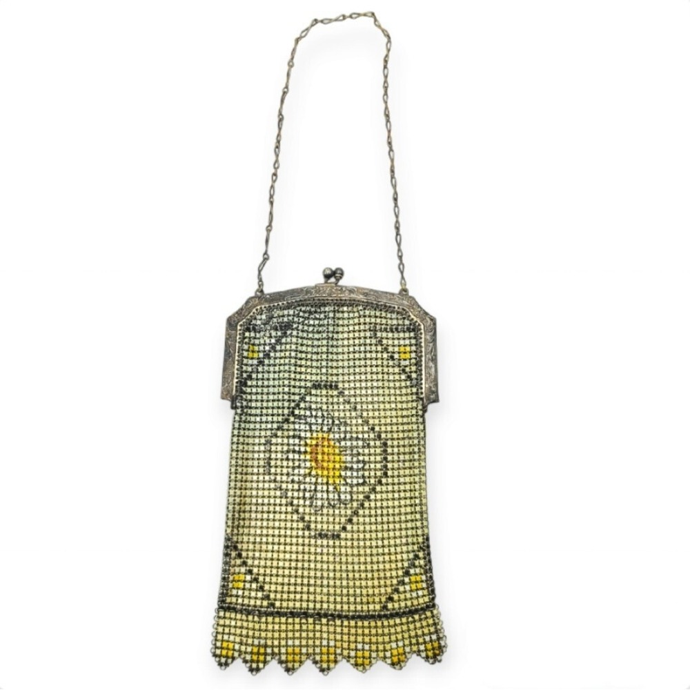 Whiting & Davis Vintage Elasah Art Deco Mesh Purse Sunflower Enameled 1920s Gold